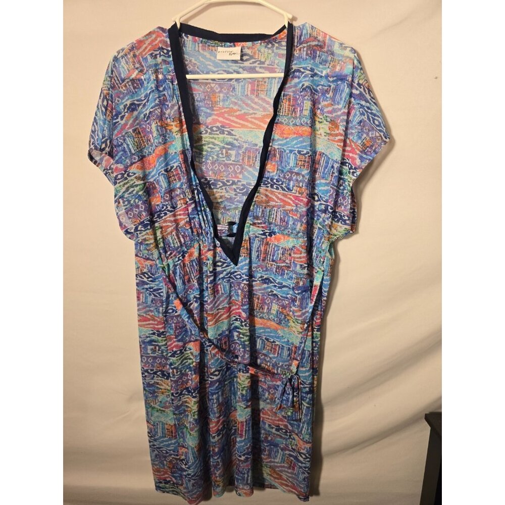 Boho Coastal Women’s Blue Pattern Sheer Swimsuit Cover Up Size Large Vneck